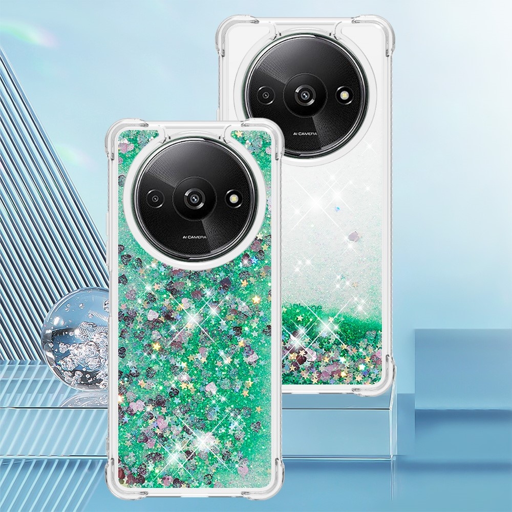 Glitter zselés homokóra tok Xiaomi Redmi A3-hoz - zöld/szívek
