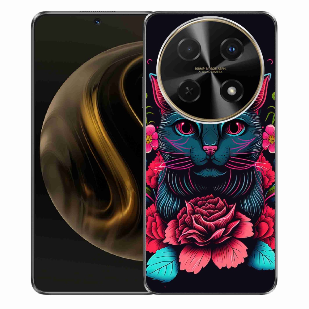 Gél borító mmCase a Huawei Nova 12i készülékhez - virágok és macska