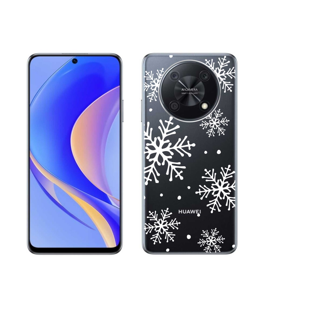 Gél borító mmCase a Huawei Nova Y90 készülékre - fehér hópelyhek átlátszó háttéren