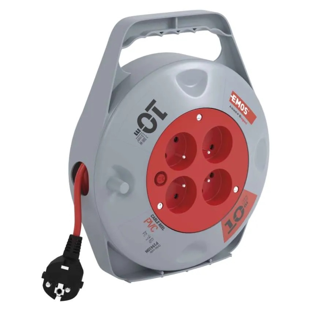 Hosszabbító kábel dobon 10 m / 4 aljzat / piros / PVC / 230 V / 1 mm2