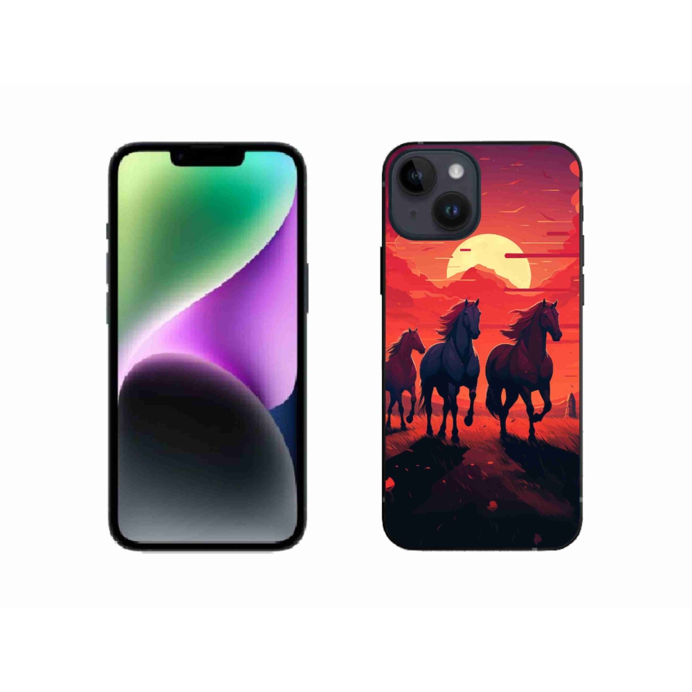Zselés borítás mmCase iPhone 14 készülékhez - lovak és naplemente