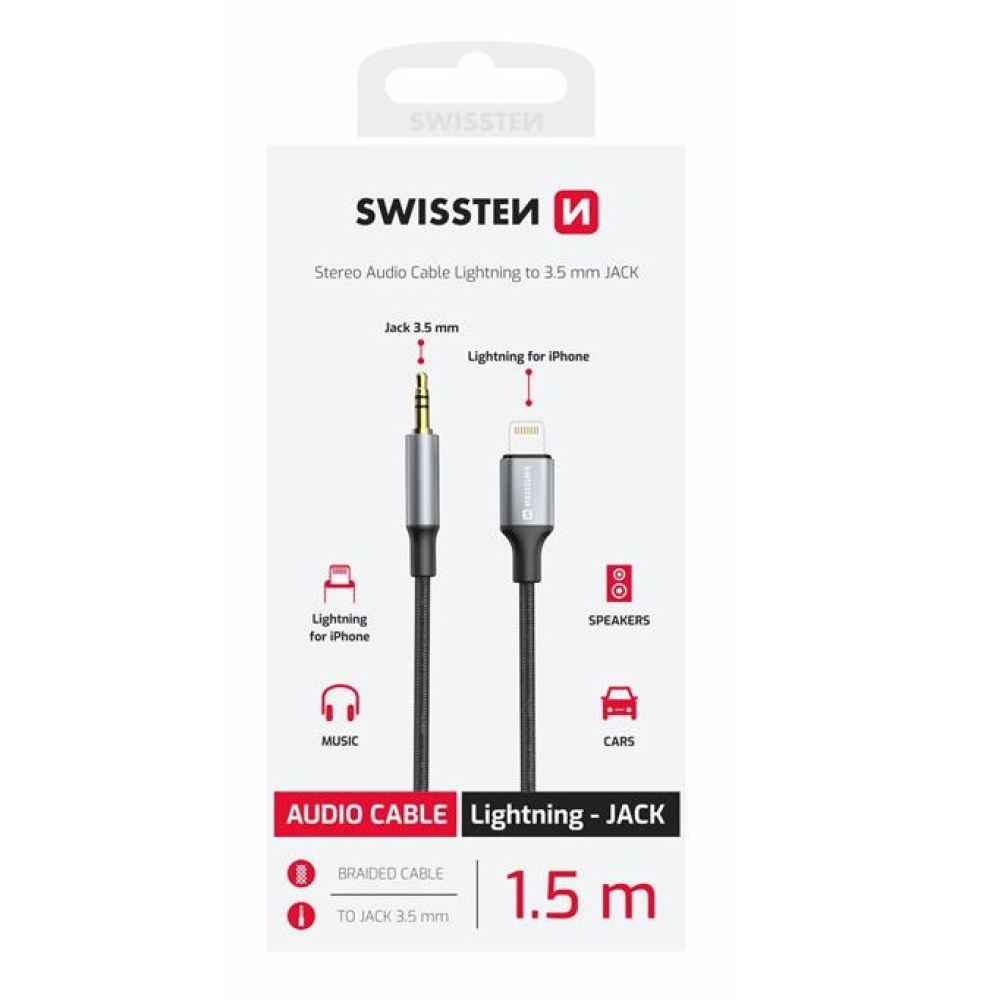 Audiokábel Swissten textil Lightning (férfi) / JACK (férfi) 1,5 m - fekete/szürke