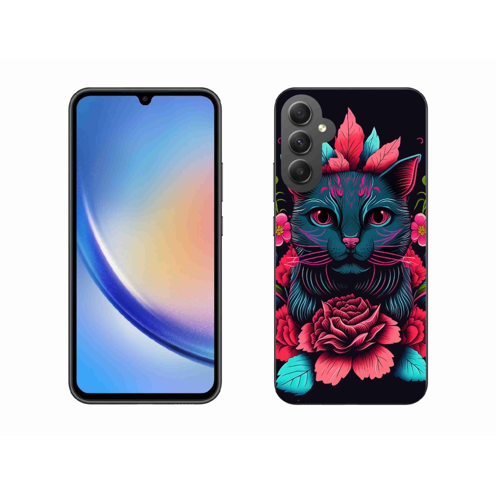 Gél borítás mmCase Samsung Galaxy A34 5G - virágok és macska