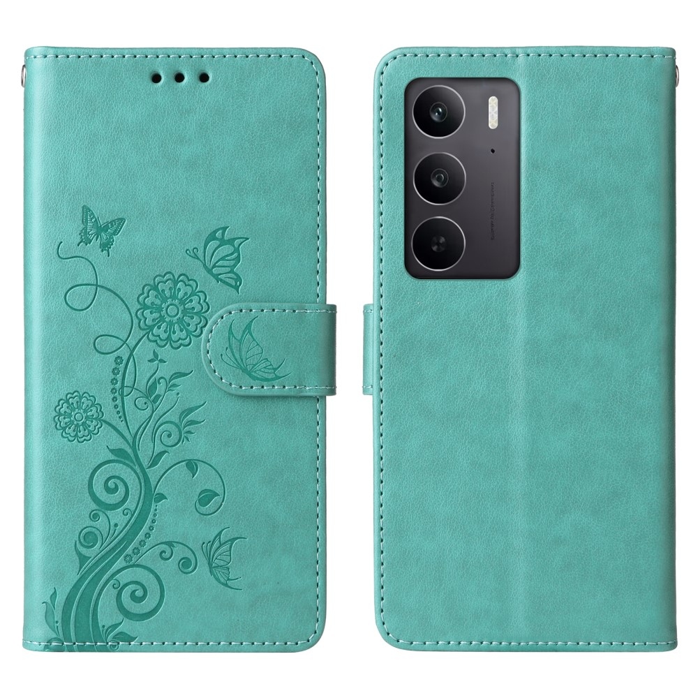 Virágos könyvtáska a Realme 14x 5G/Realme C75 készülékhez - teáskék színű