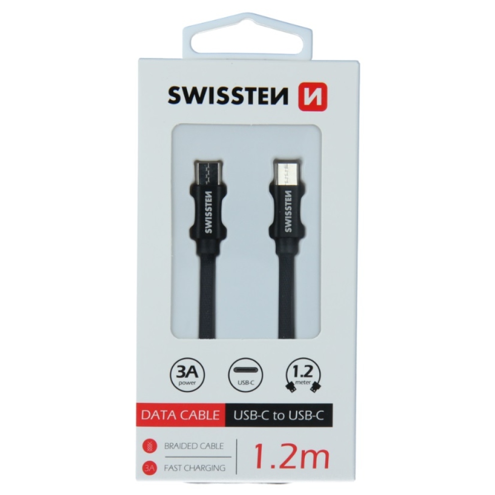 Swissten Woven USB-C/USB-C töltő és szinkronizáló kábel 1.2m - Fekete