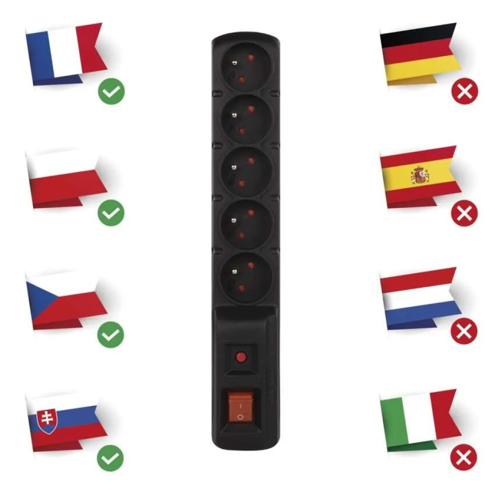 Túlfeszültségvédő - 5 aljzat, 1,5m, fekete