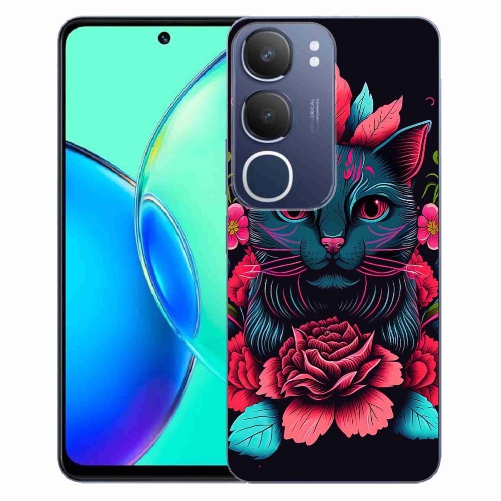 Gél borító mmCase a Vivo Y19s készülékhez - virágok és macska