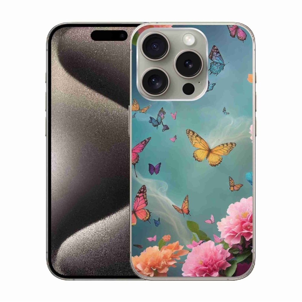 Gél borítás mmCase iPhone 15 Pro készülékhez - színes virágok és pillangók
