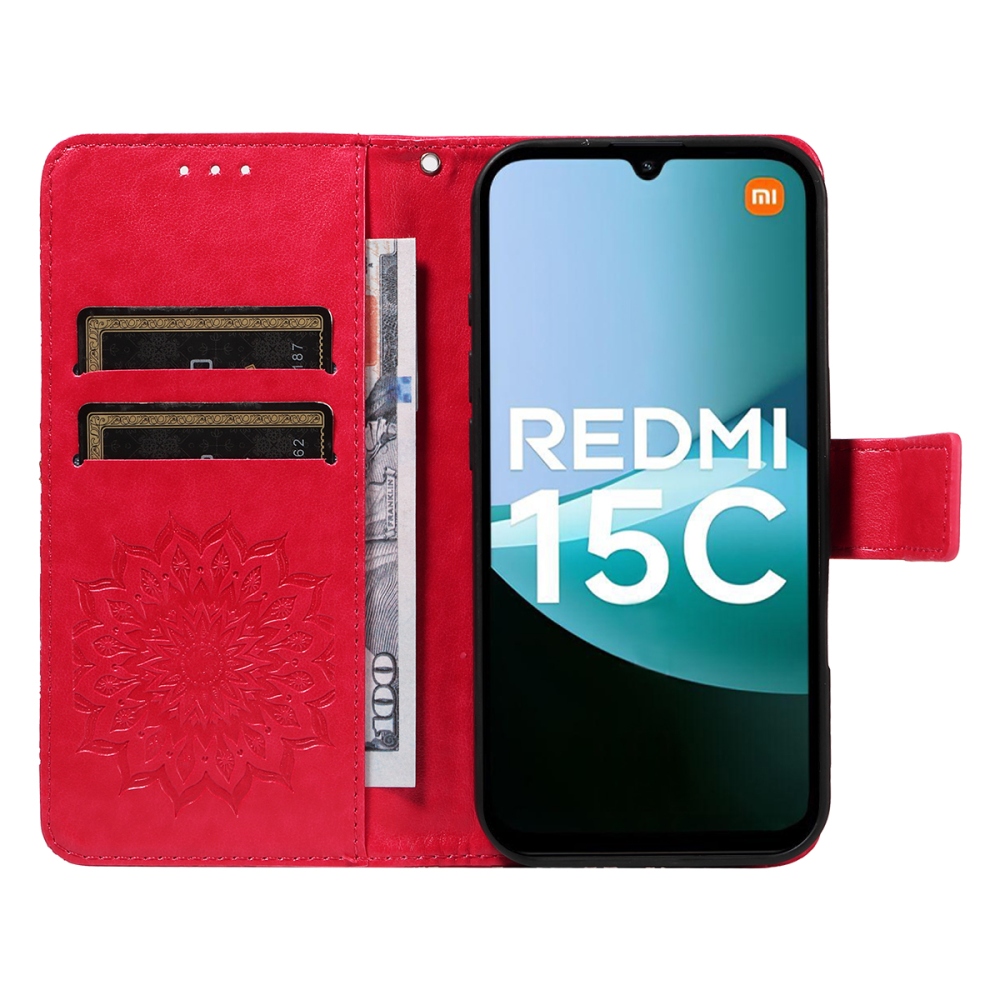 Napraforgó könyv tok a Xiaomi Redmi 15C 4G/5G (173mm) - piros
