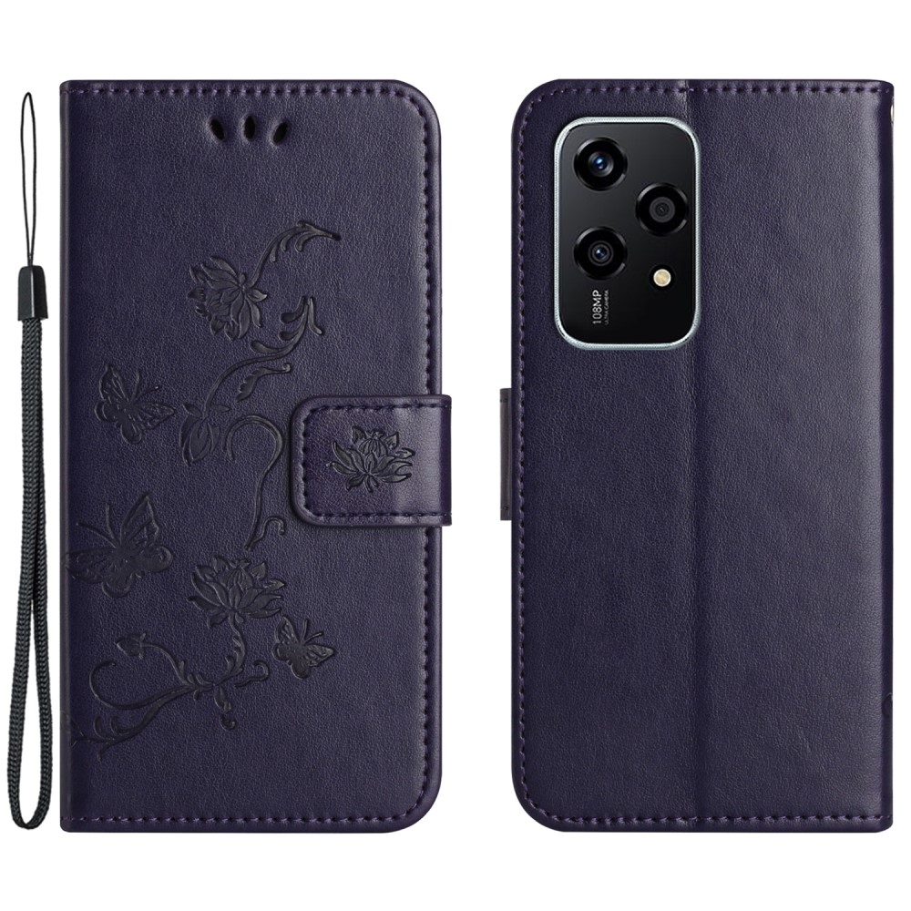 Virágos könyvtáska a Honor 200 Lite 5G számára - sötét lila