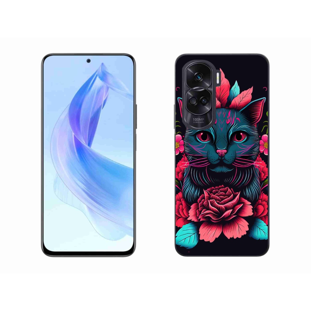 Zselés borító mmCase a Honor 90 Lite-hoz - virágok és macska