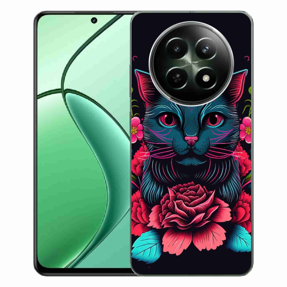 Gél borító mmCase a Realme 12 5G/12x 5G készülékhez - virágok és macska