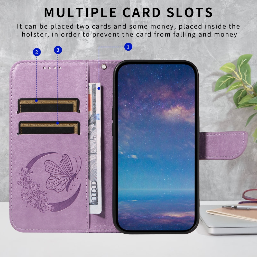 Virágos pillangó könyvtáska iPhone 17 készülékhez - világos lila