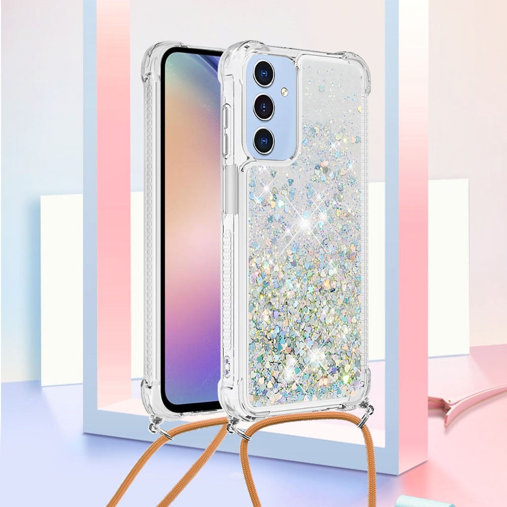 Csillogó homokóra zselés tok zsinórral Samsung Galaxy A26 5G-hez - ezüst/szívecske