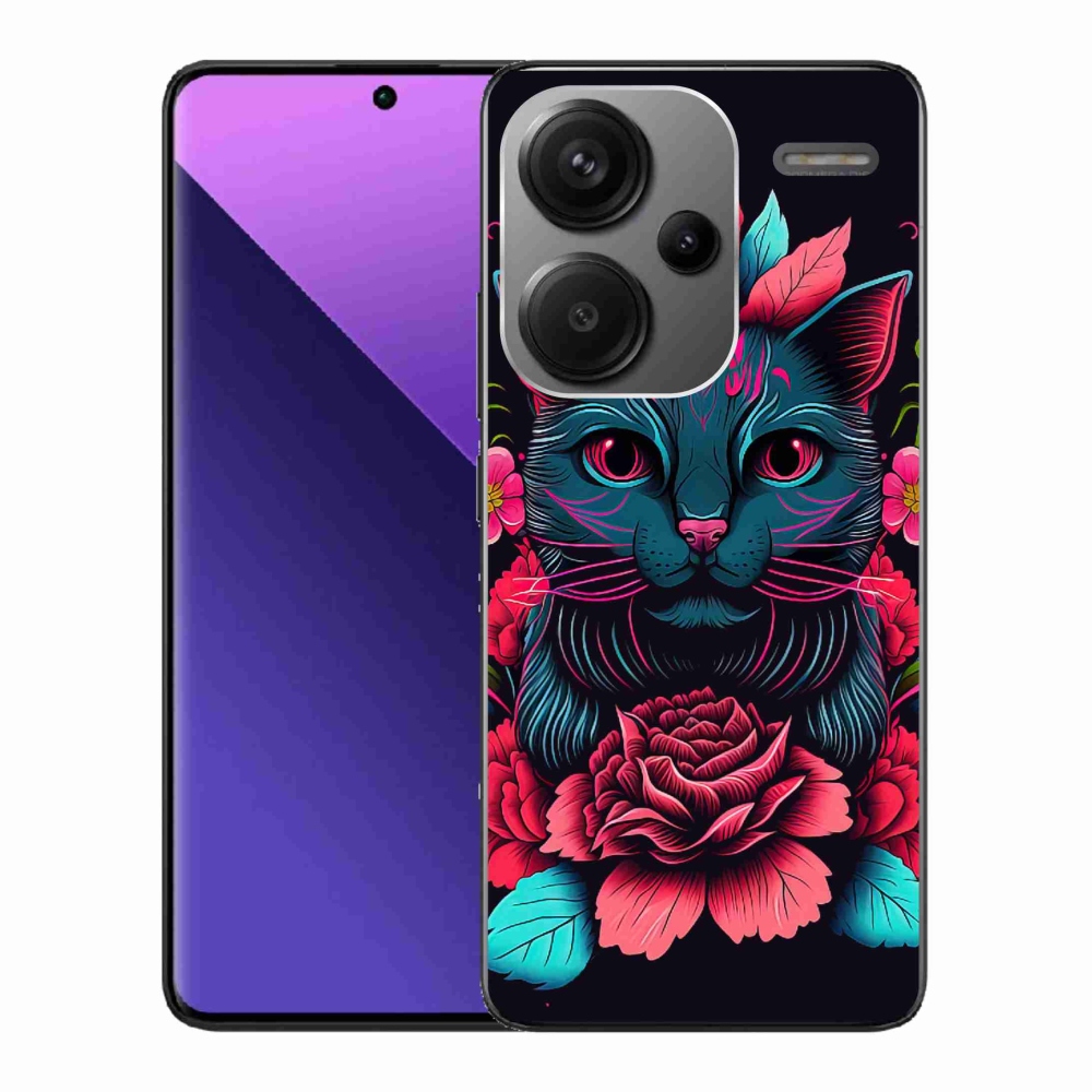 Gél borító mmCase a Xiaomi Redmi Note 13 Pro+ 5G számára - virágok és macska