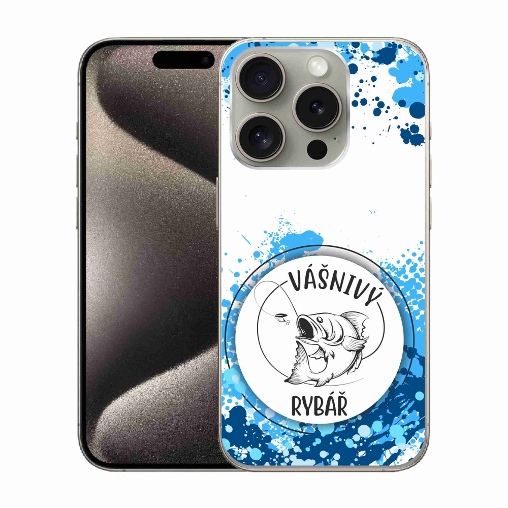 Gél borítás mmCase iPhone 15 Pro készülékhez - szenvedélyes halász fehér háttérrel