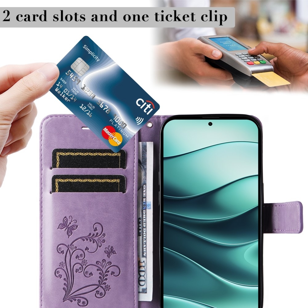 Nagy pillangó könyv tok a Xiaomi Redmi Note 14 5G-hez - lila