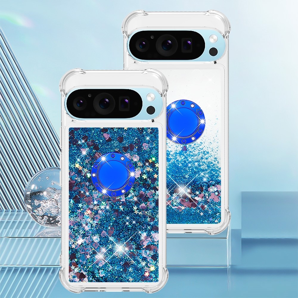 Glitt homokóra zselés tok ujjgyűrűvel a Google Pixel 10 számára - kék/szív