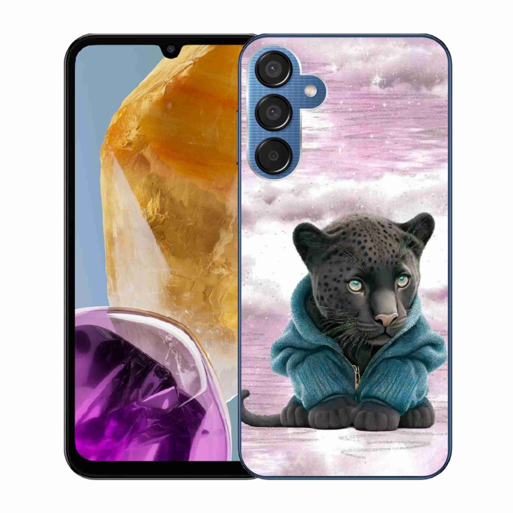 Zselés borítás mmCase Samsung Galaxy M15 5G - fekete párduc pulóverben