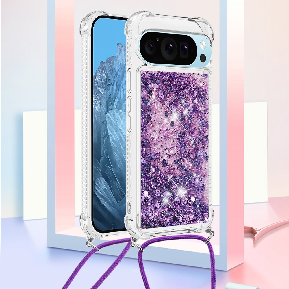 Csillogó homokóra zselés tok zsinórral a Google Pixel 10 Pro/Pixel 10 számára - sötétlila/szívecske