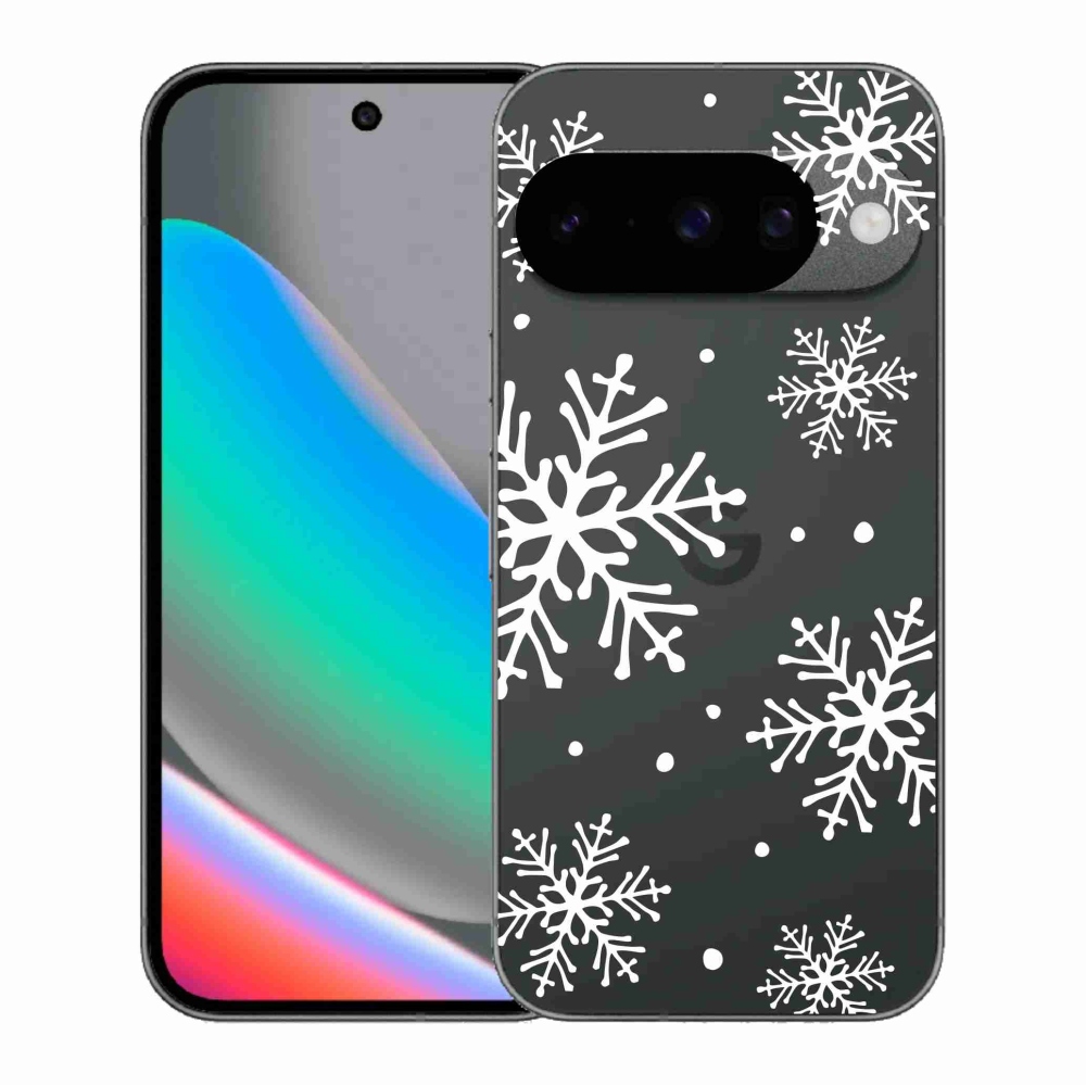 Zselés borítás mmCase a Google Pixel 10 számára - fehér pelyhek átlátszó háttéren