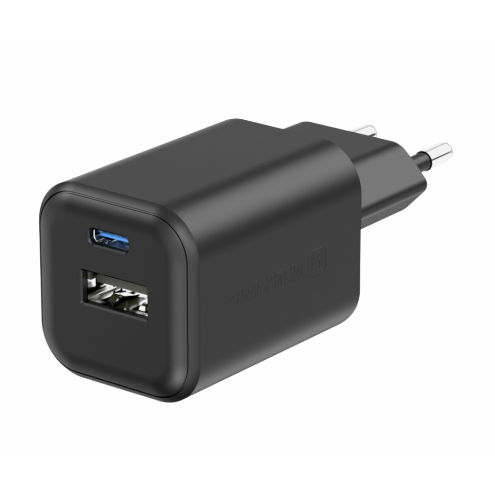 Töltő Swissten GaN 1x USB-C 45W PD + 1x USB-A 18W QC - fekete
