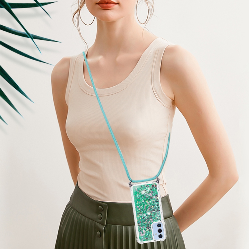 Csillogó homokóra zselés tok húzózsinórral Samsung Galaxy A17 4G/5G - zöld/szív