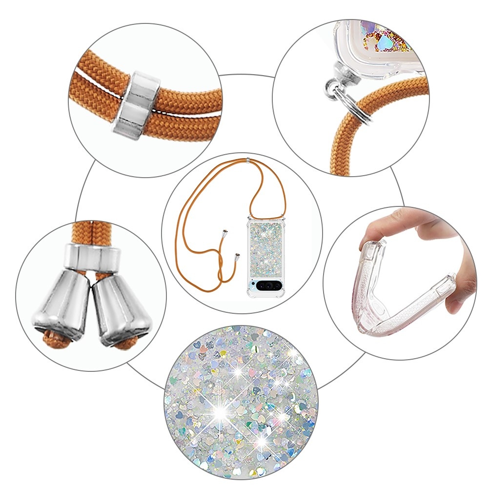 Csillogó homokóra zselés tok zsinórral a Google Pixel 10 Pro/Pixel 10 számára - ezüst/szívecske