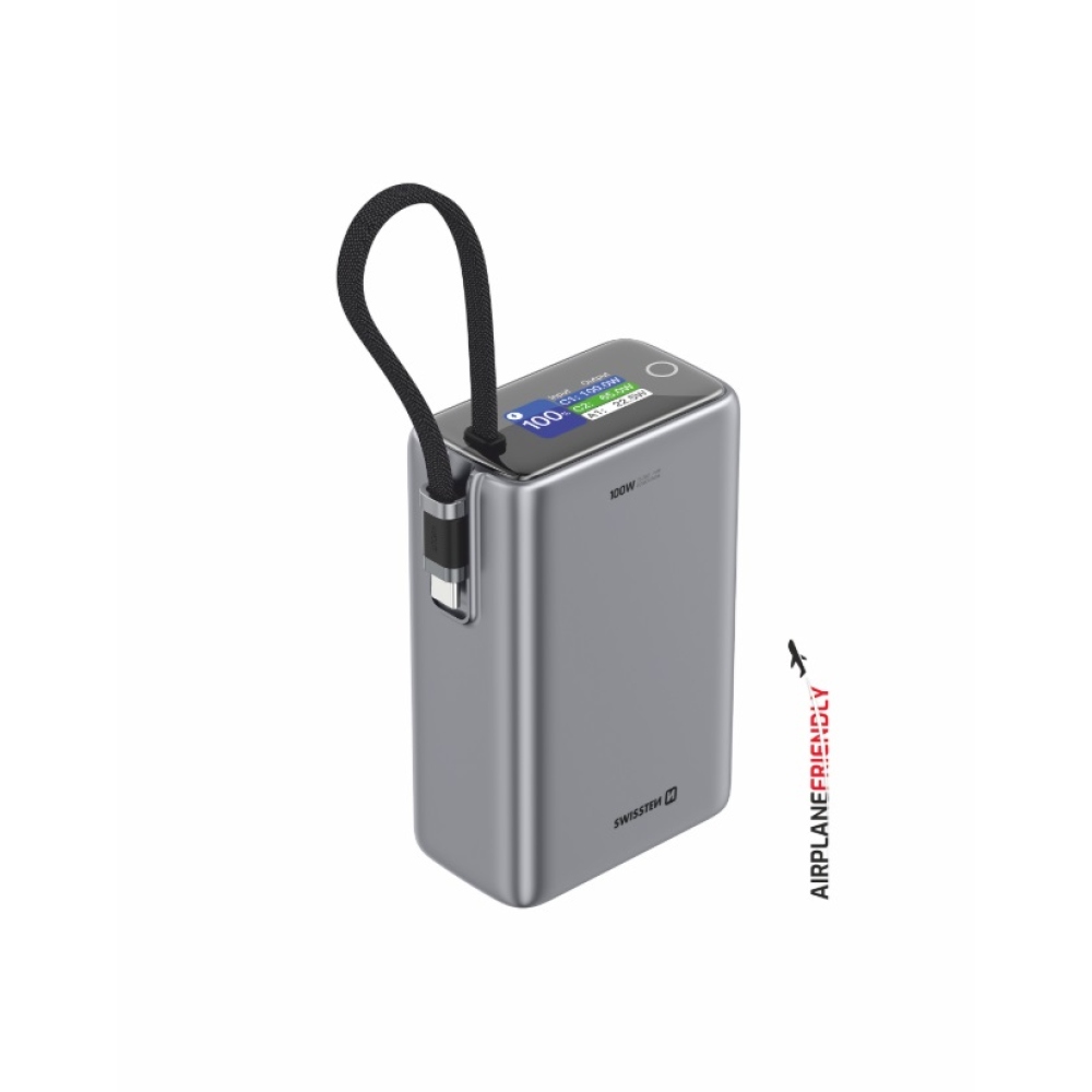 Swissten Travel Powerbank 25000 mAh (96.25Wh) 100 W integrált USB-C kábellel - szürke