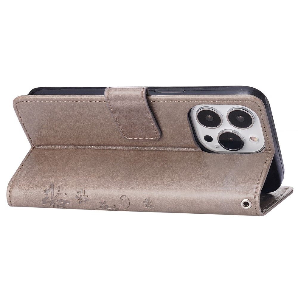 Virágok könyvtáska iPhone 15 Pro készülékhez - szürke