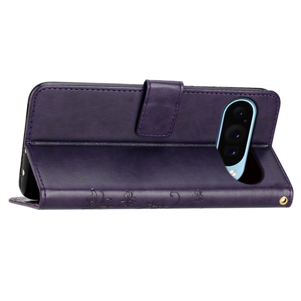 Virágos könyvtáska Google Pixel 9/9 Pro készülékhez - sötétlila