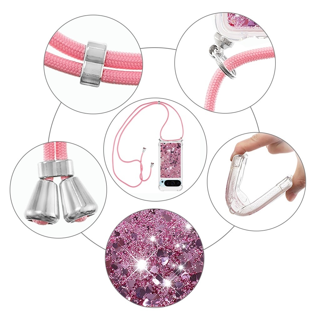 Csillogó homokóra zselés tok húzózsinórral Google Pixel 10 Pro/Pixel 10 - rózsaarany/szív