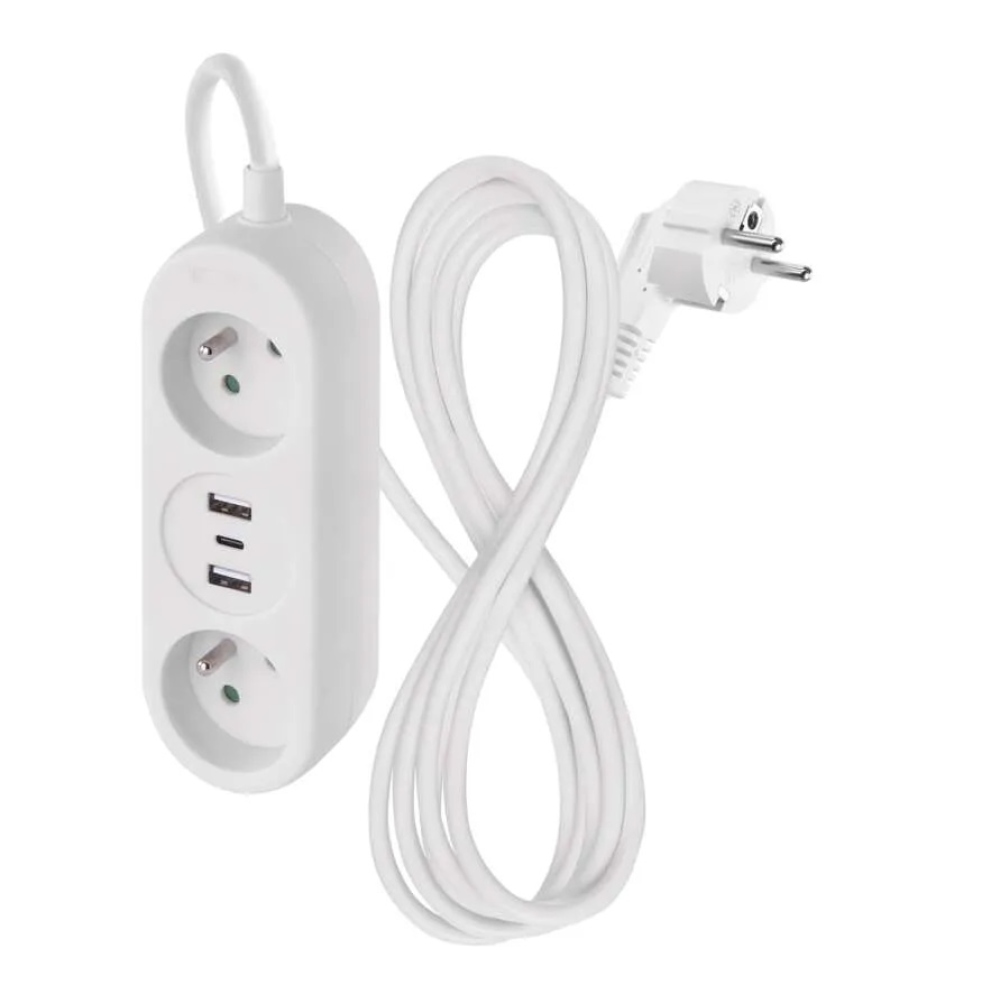 Hosszabbító kábel 1,4 m / 2 aljzat+2×USB-A+1×USB-C / fehér / PVC / 1,5 mm2