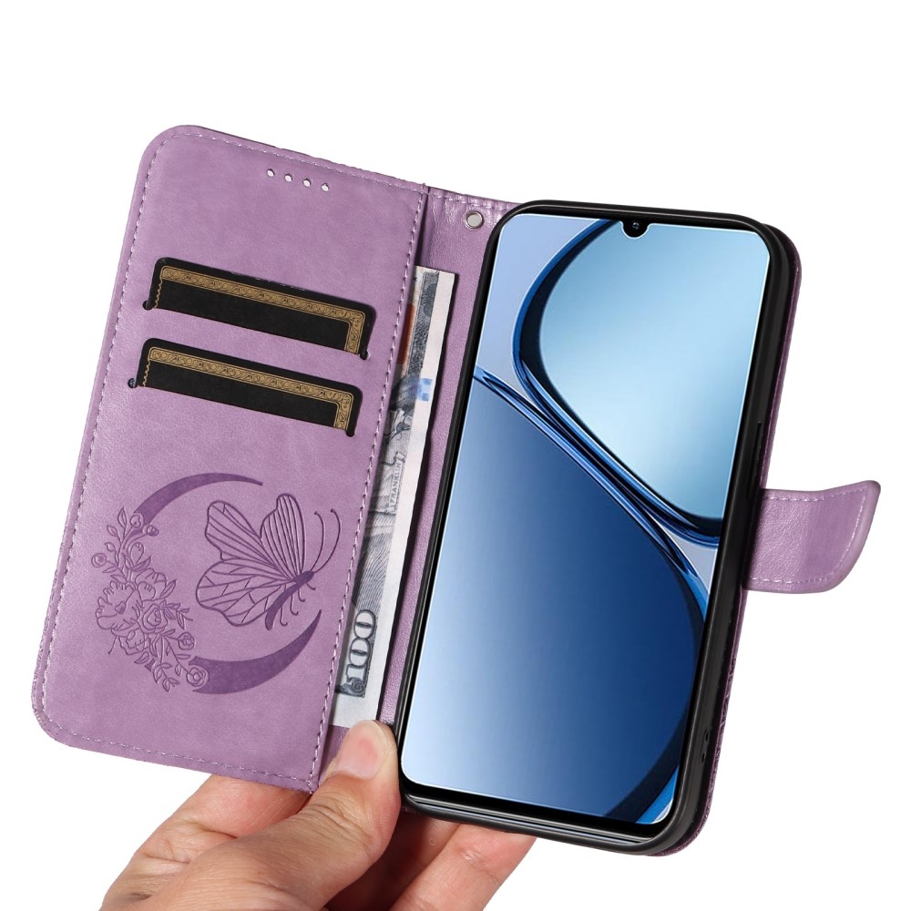 Virágos pillangó könyvtáska Realme C61/C63 készülékhez - világos lila