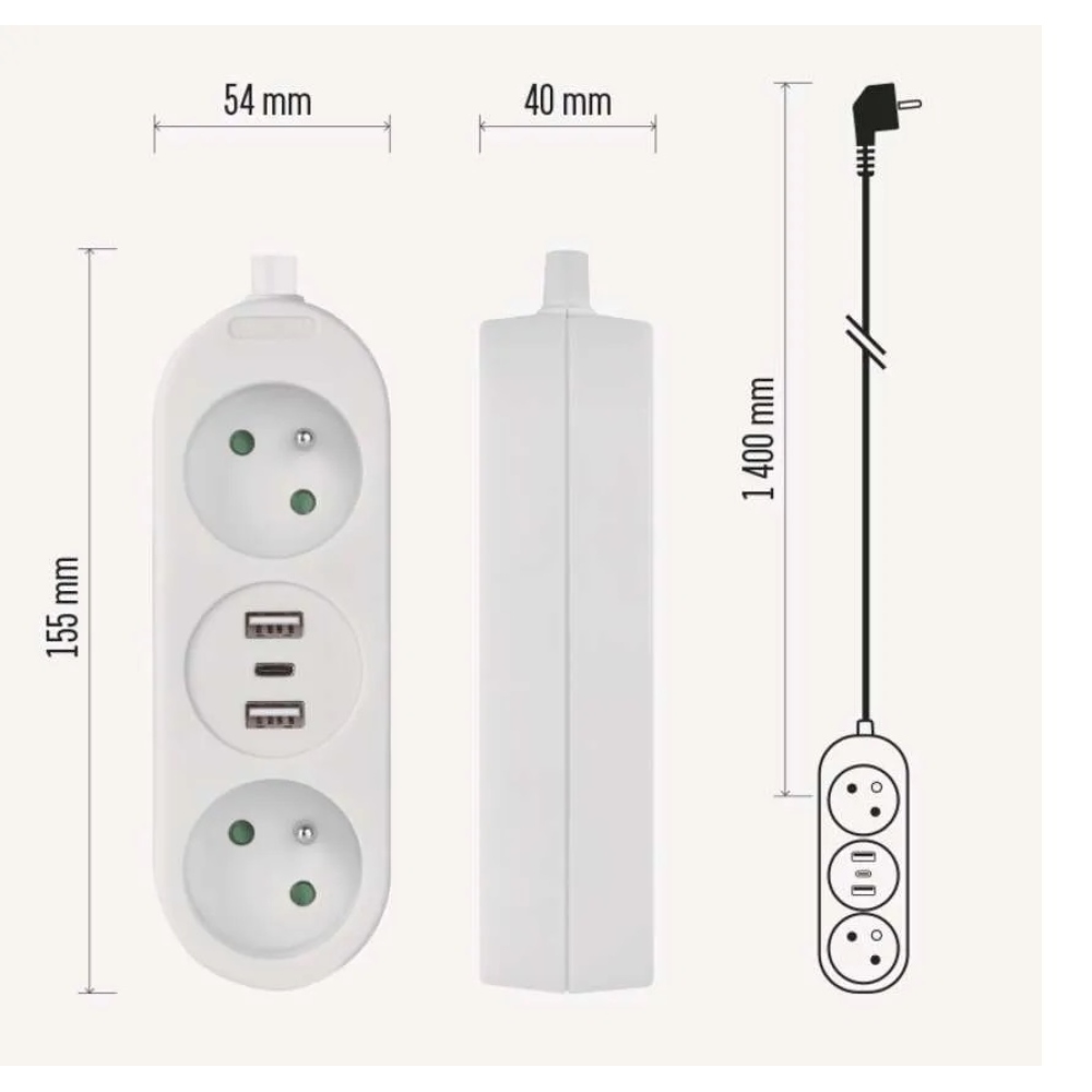 Hosszabbító kábel 1,4 m / 2 aljzat+2×USB-A+1×USB-C / fehér / PVC / 1,5 mm2