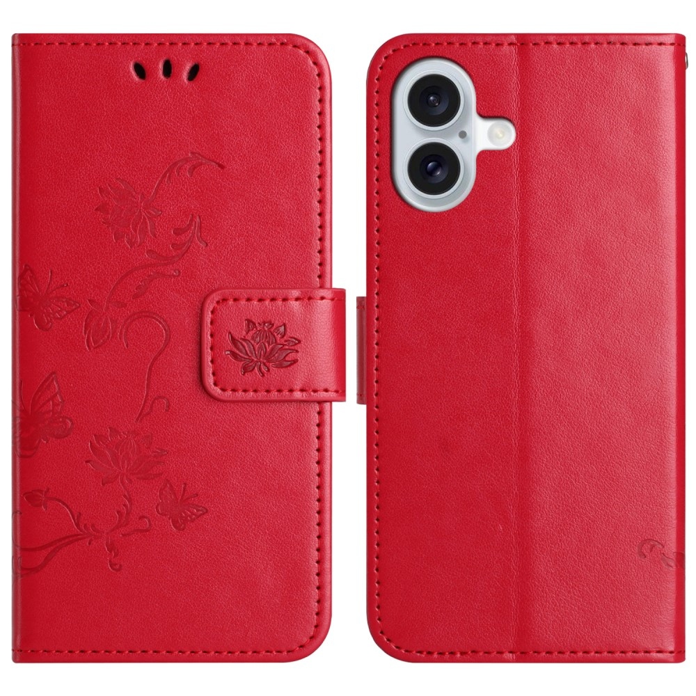 Virágos könyvtáska iPhone 16 Plus készülékhez - piros