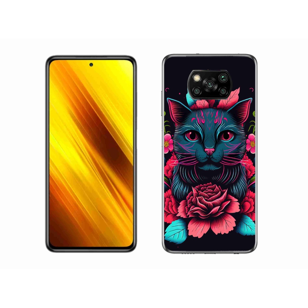 Gél borító mmCase a Xiaomi Poco X3-hoz - virágok és macska
