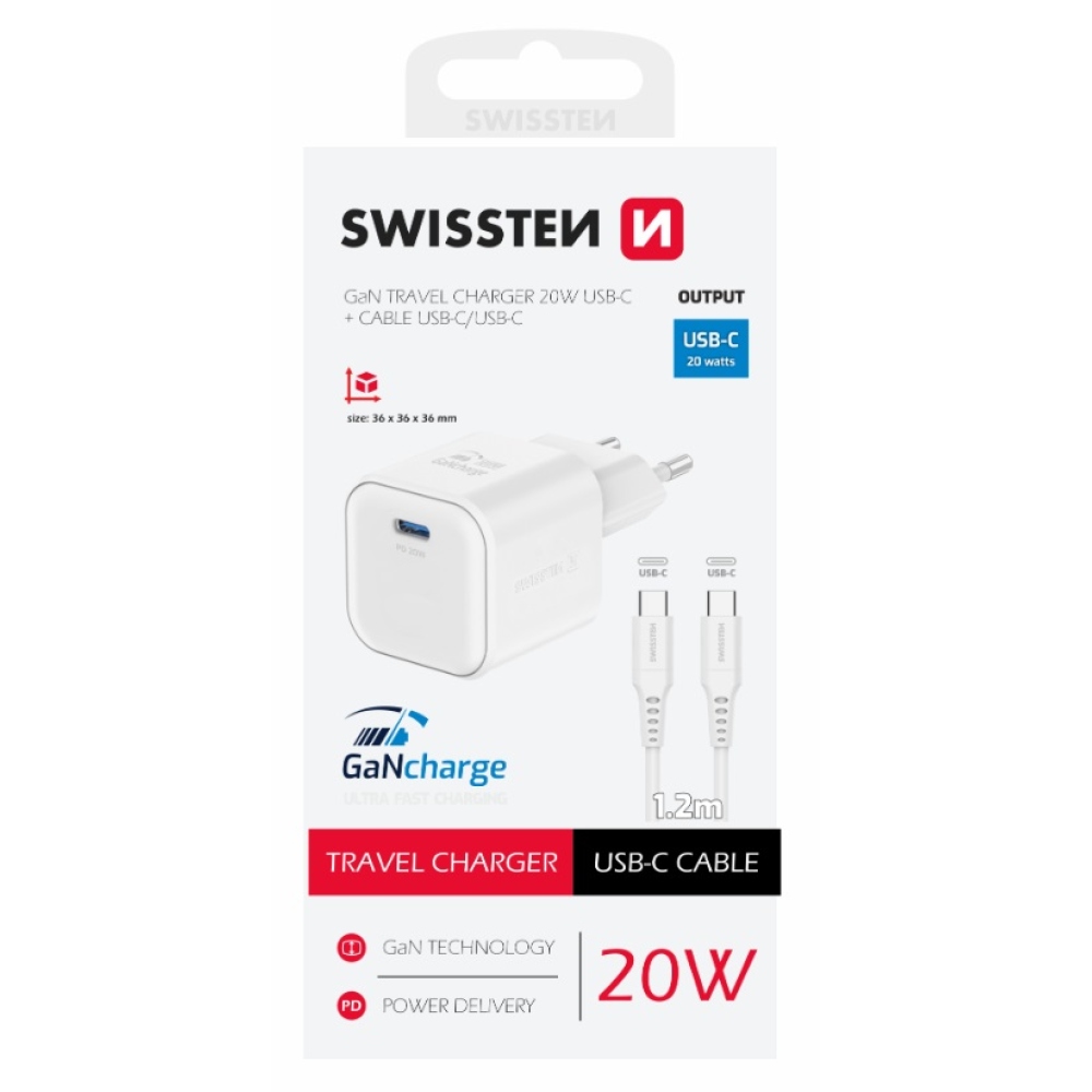 Swissten GaN 1x USB-C 20W Power Delivery + USB-C/USB-C 1,2m kábel - fehér