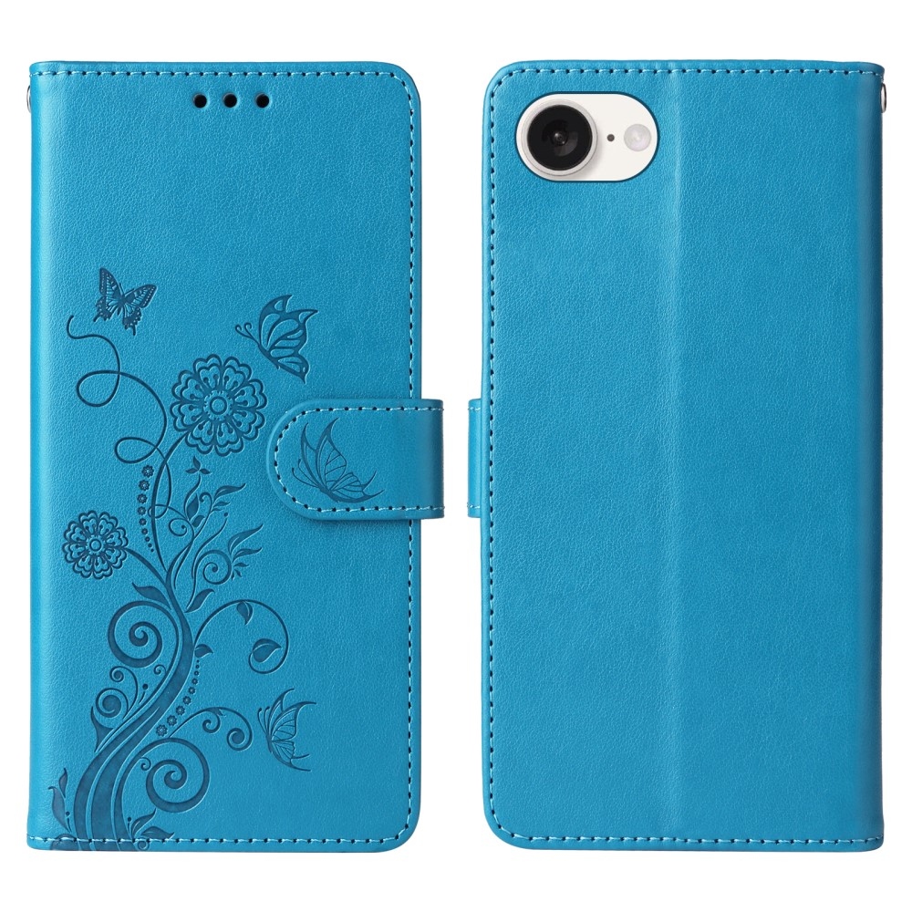 Virágos könyvtáska iPhone 16e készülékhez - kék