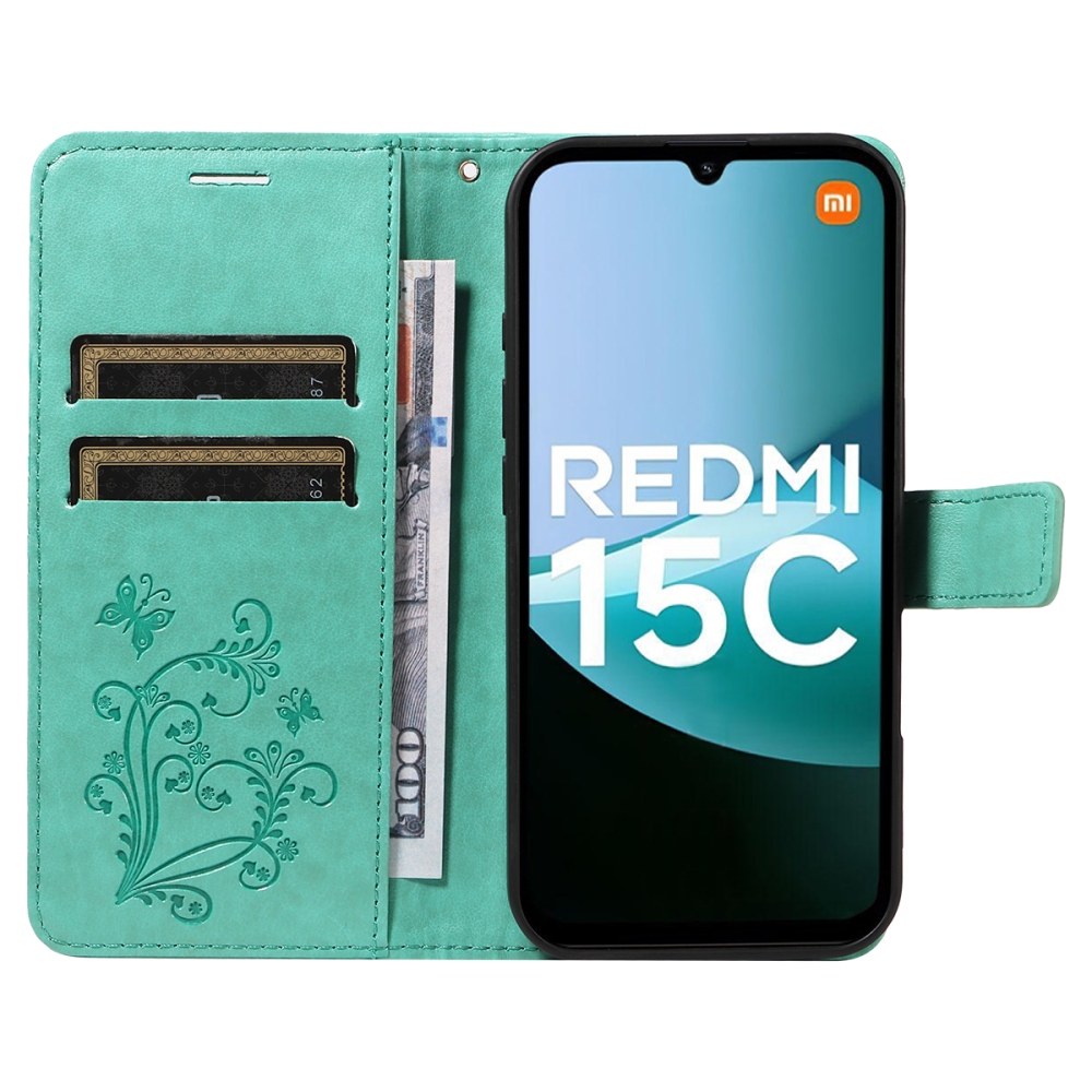 Nagy pillangó könyv tok Xiaomi Redmi 15C 4G/5G (173mm) - teáskék színben