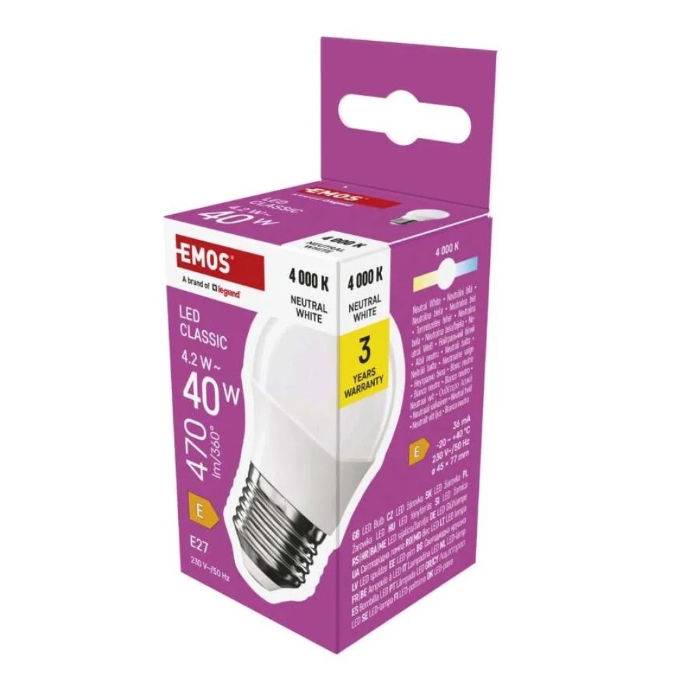 LED izzó Classic Mini Globe / E27 / 4,2 W (40 W) / 470 lm / semleges fehér