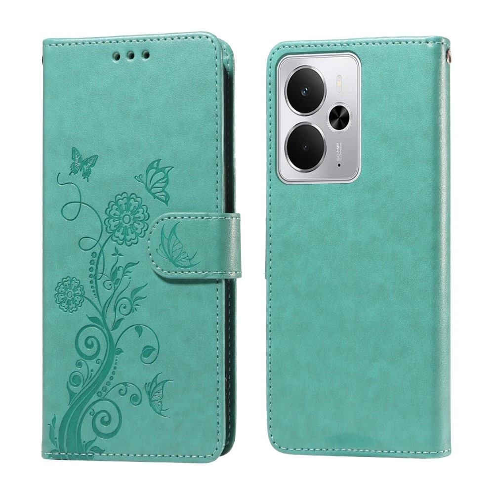 Virágos könyvtáska a Realme 14 5G készülékhez - teal színű