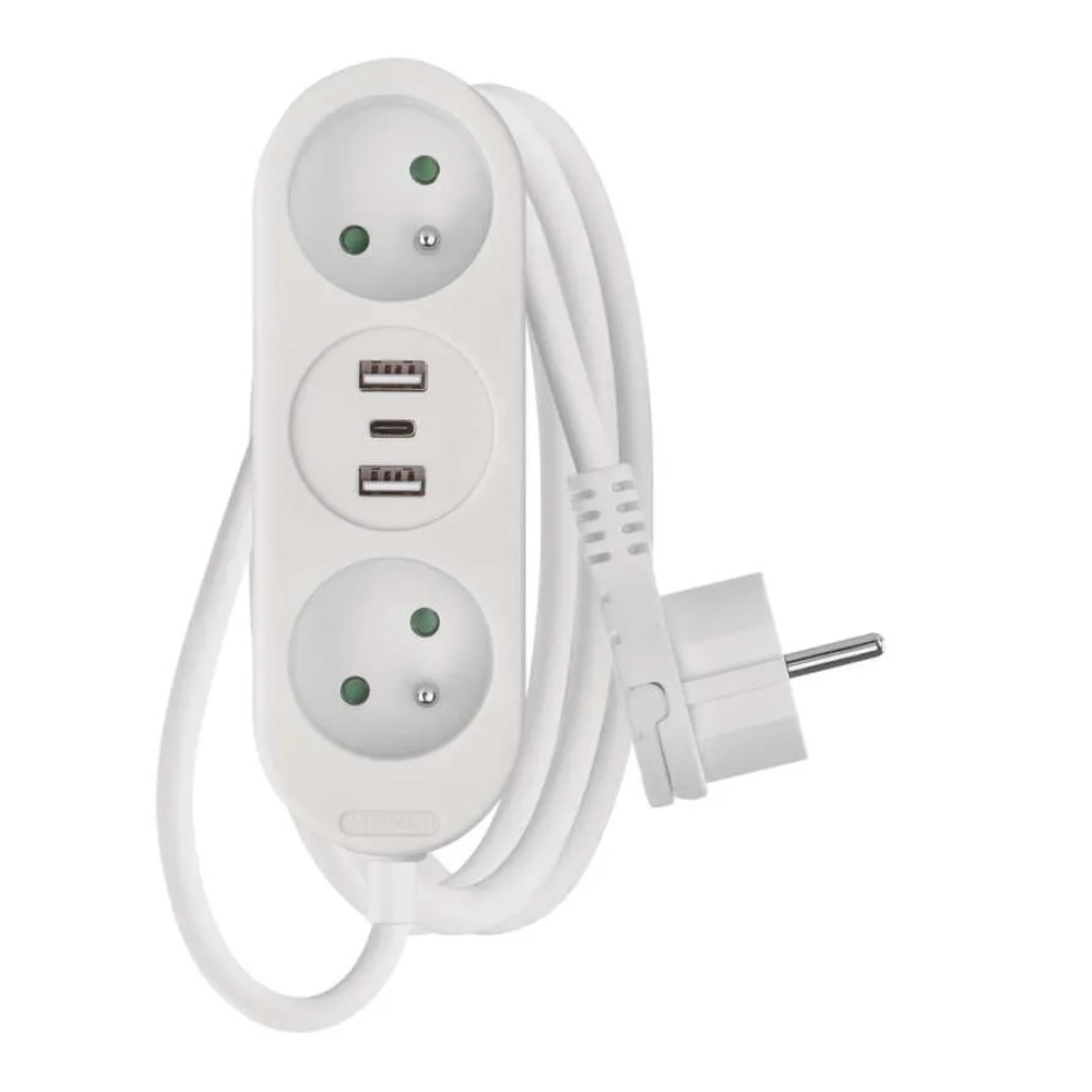 Hosszabbító kábel 1,4 m / 2 aljzat+2×USB-A+1×USB-C / fehér / PVC / 1,5 mm2