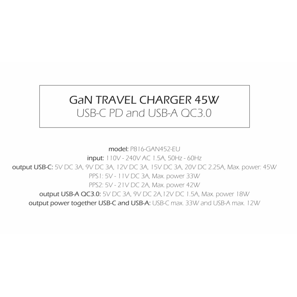 Töltő Swissten GaN 1x USB-C 45W PD + 1x USB-A 18W QC - fekete