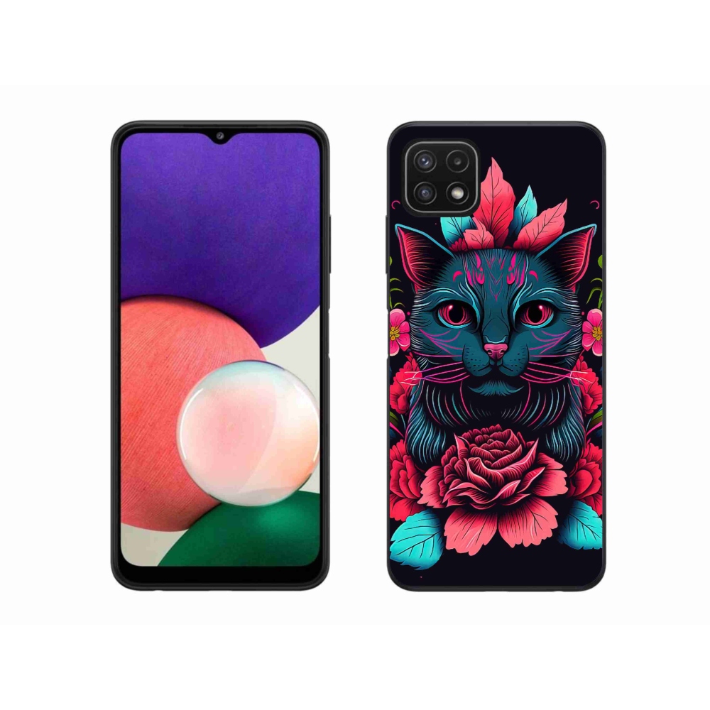 Gél borítás mmCase Samsung Galaxy A22 5G - virágok és macska