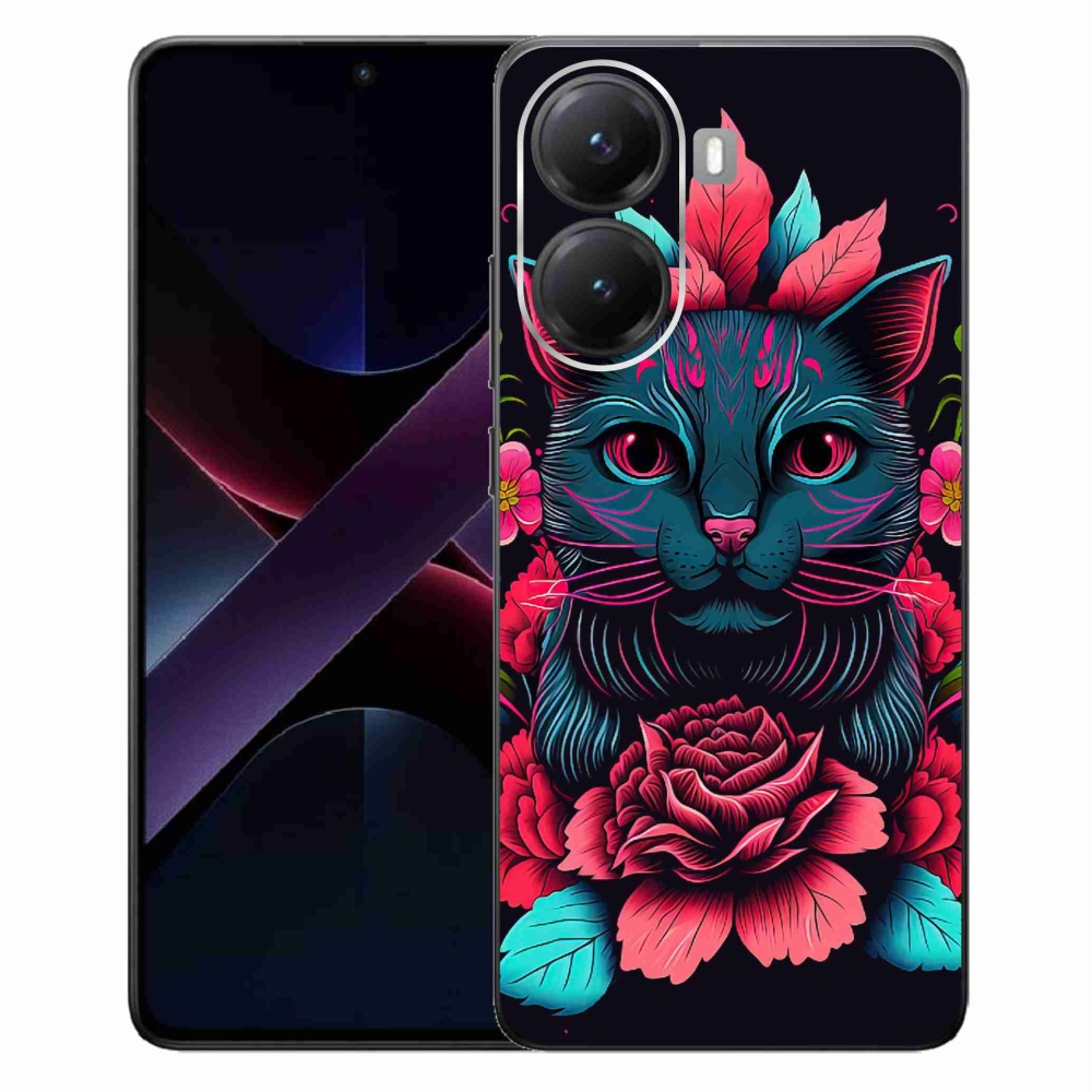 Gél borító mmCase a Xiaomi Poco X7 Pro 5G számára - virágok és macska