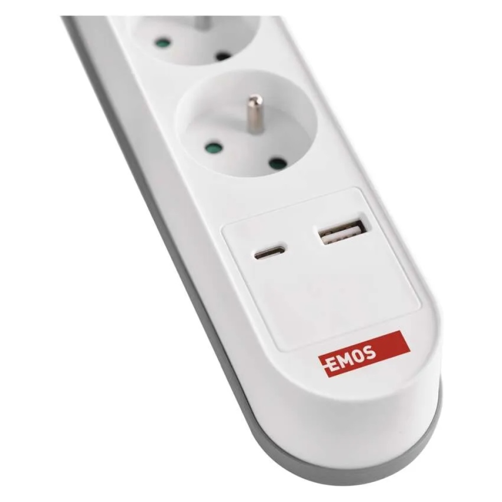 Hosszabbító kábel 3 m / 5 aljzat / kapcsolóval / fehér / 1×USB-A + 1×USB-C / 1,5 mm2