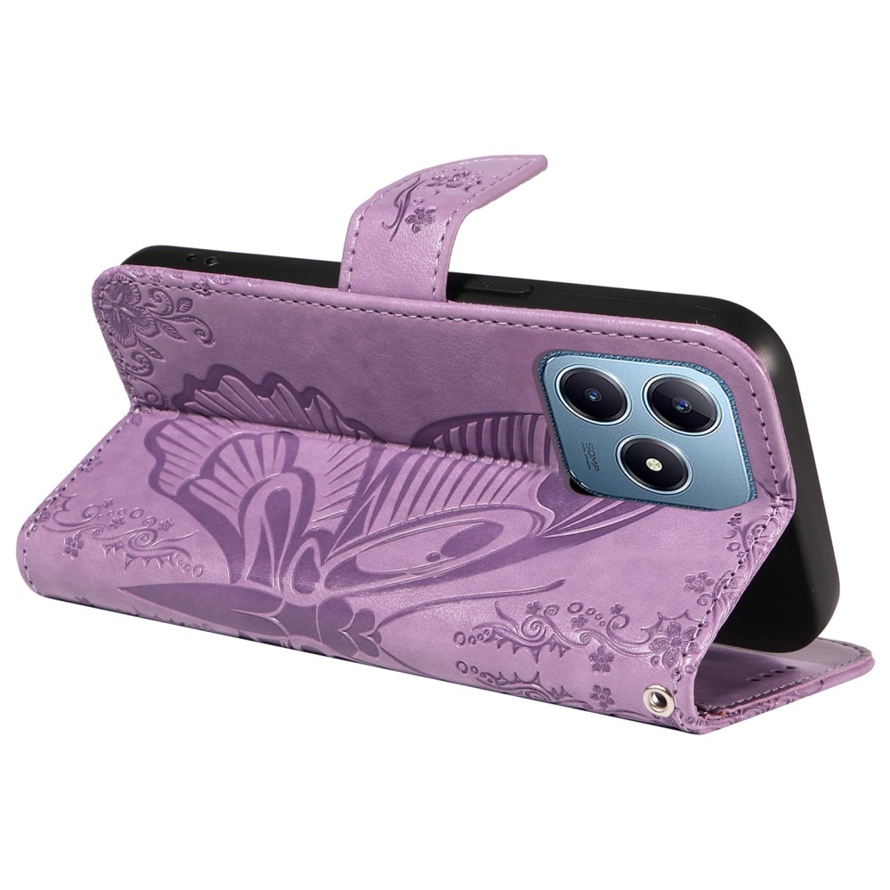 Virágos pillangó könyvtáska Realme C61/C63 készülékhez - világos lila