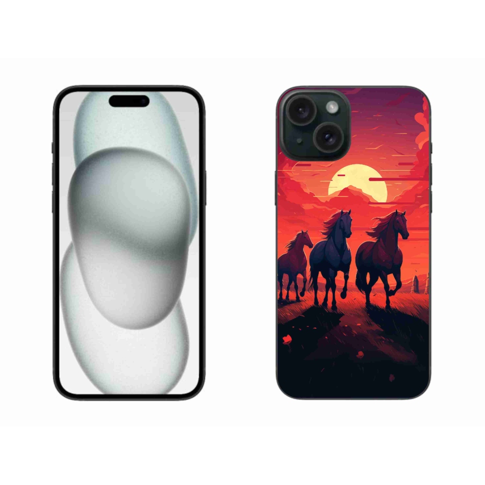 Gél borítás mmCase iPhone 15 Plus készülékhez - lovak és naplemente