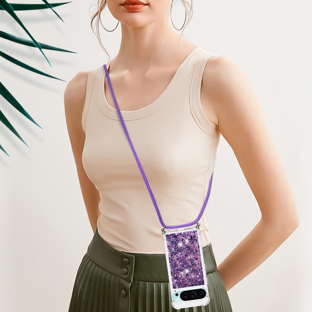 Csillogó homokóra zselés tok zsinórral a Google Pixel 10 Pro/Pixel 10 számára - sötétlila/szívecske